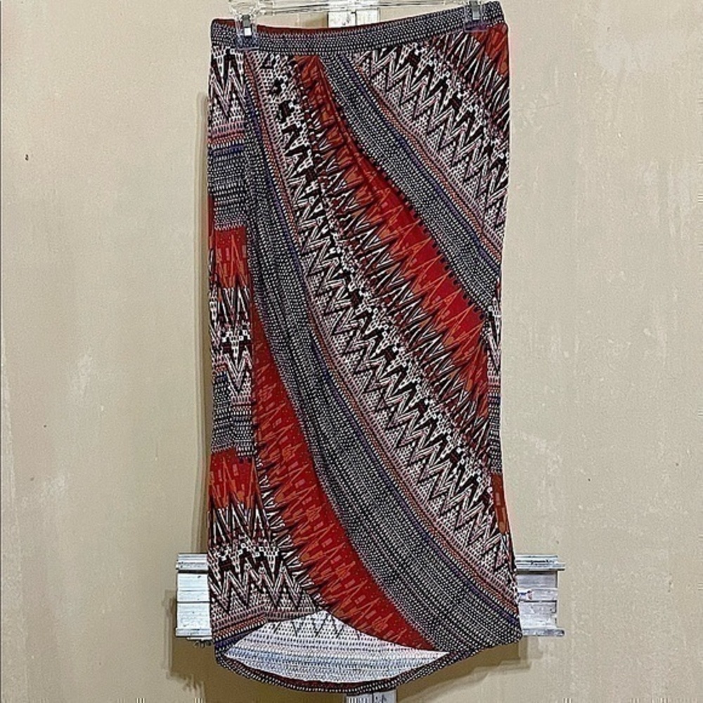 BOBEAU TRIBAL PRINT FAUX WRAP MIDI SKIRT SZ SMALL